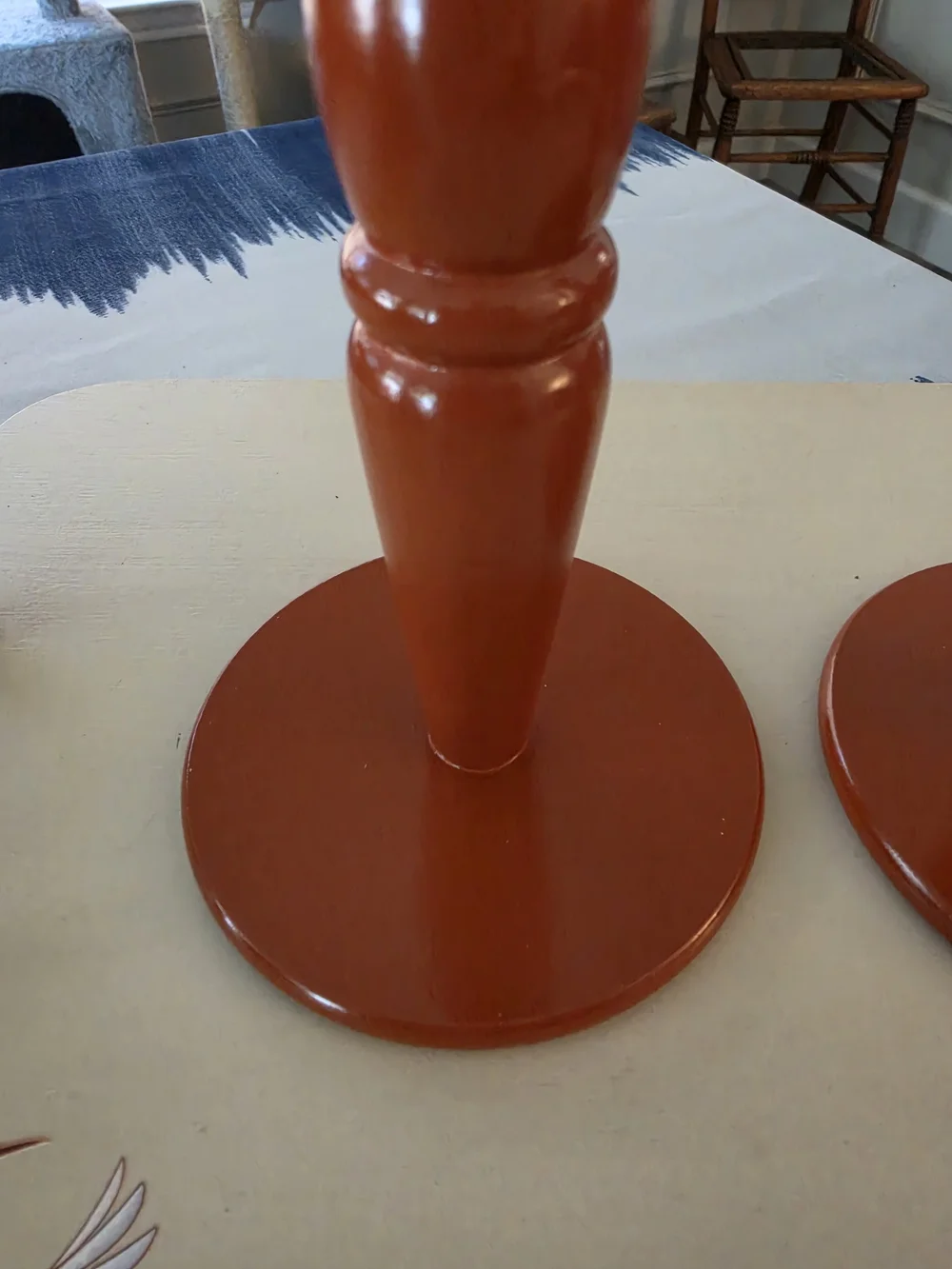 Pair of hand-turned vintage wooden candlestick holders Warm Terracotta hue